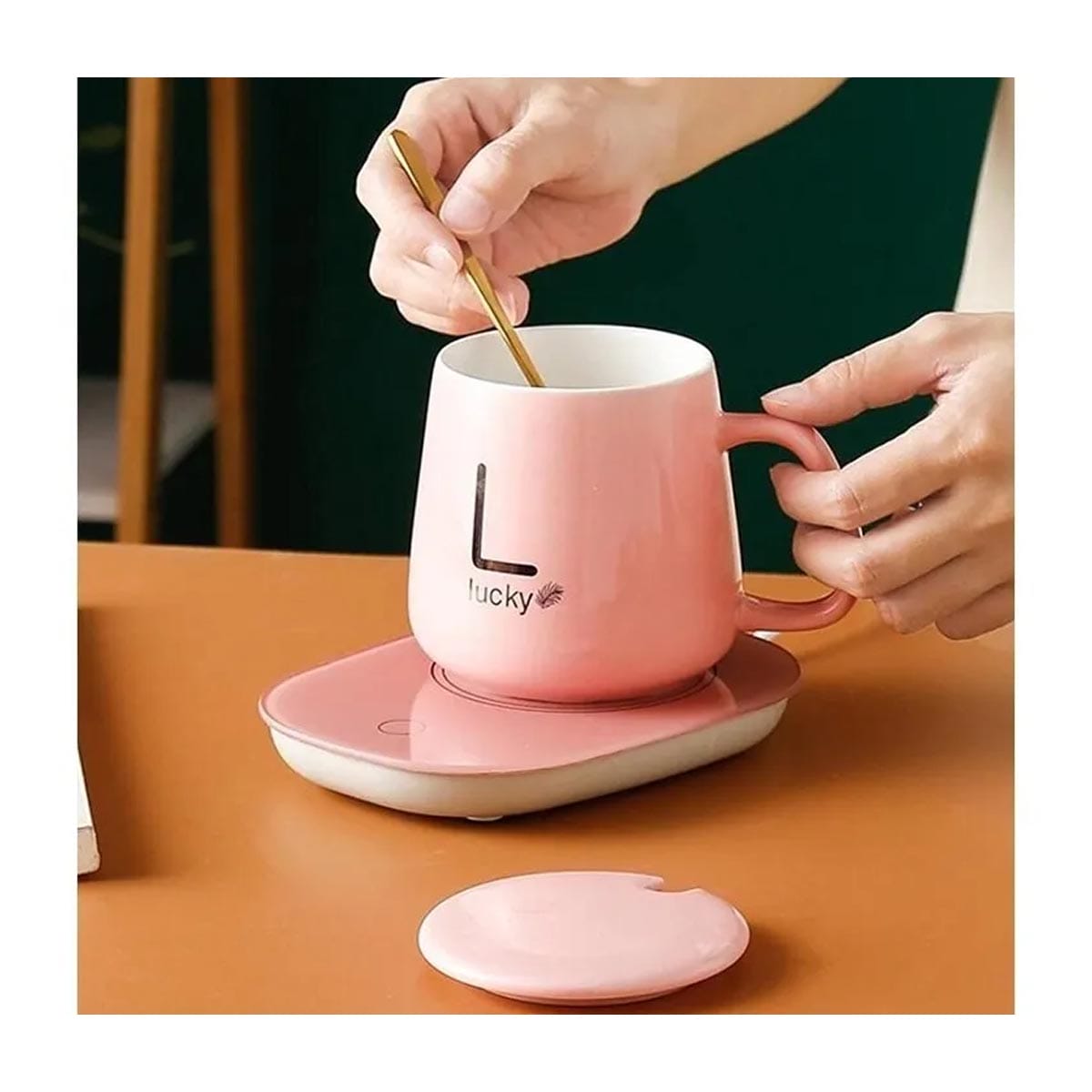 Taza Con Calentador Eléctrico Caja De Regalo Cuchara Rosa